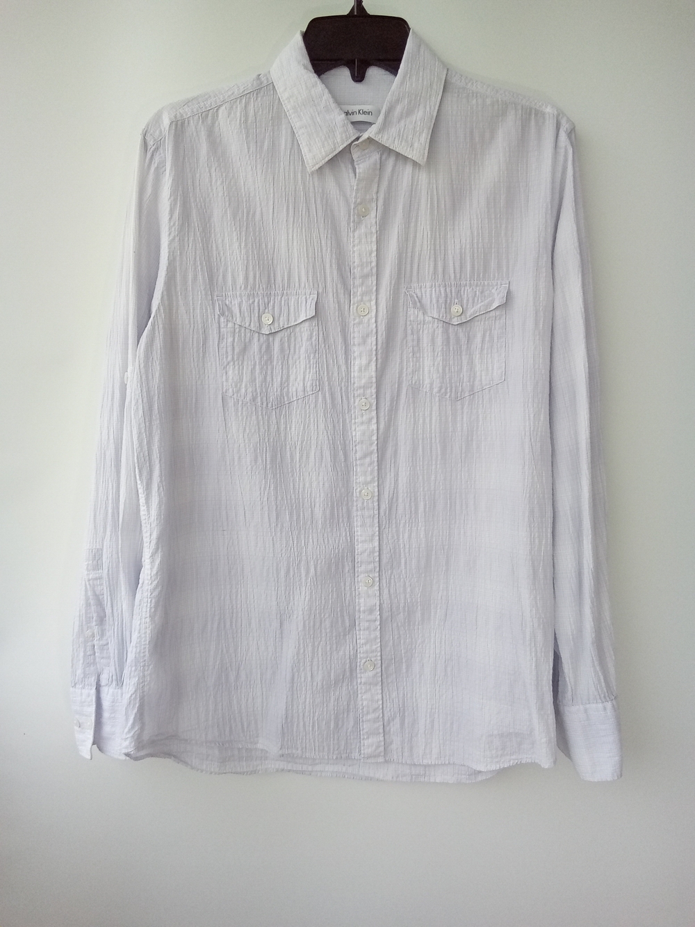 Calvin Klein Men's White Seersucker Button Up Shirt Long Sleeve Flap Pockets S